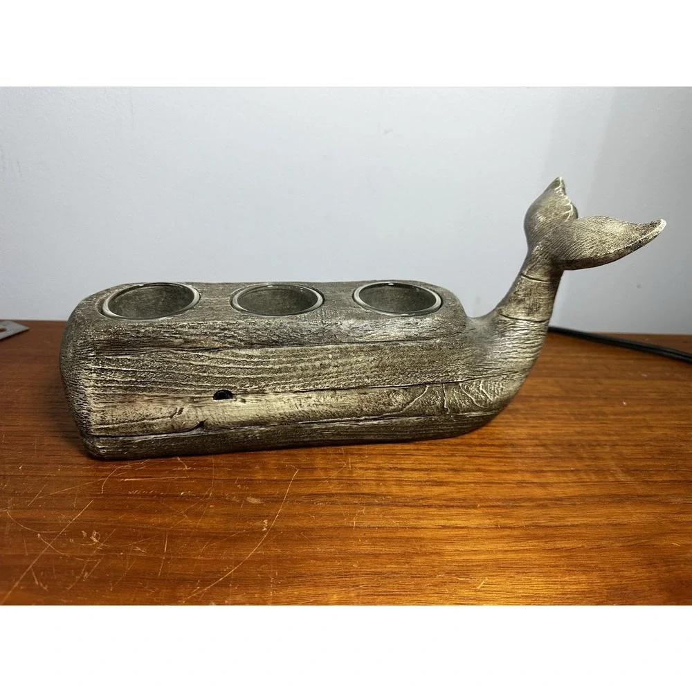 Distressed Wood Finish Resin Smiling Whale Three Hole Tealight Candle Holder